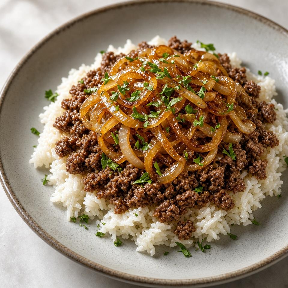 طبق أرز اللحم بالبصل